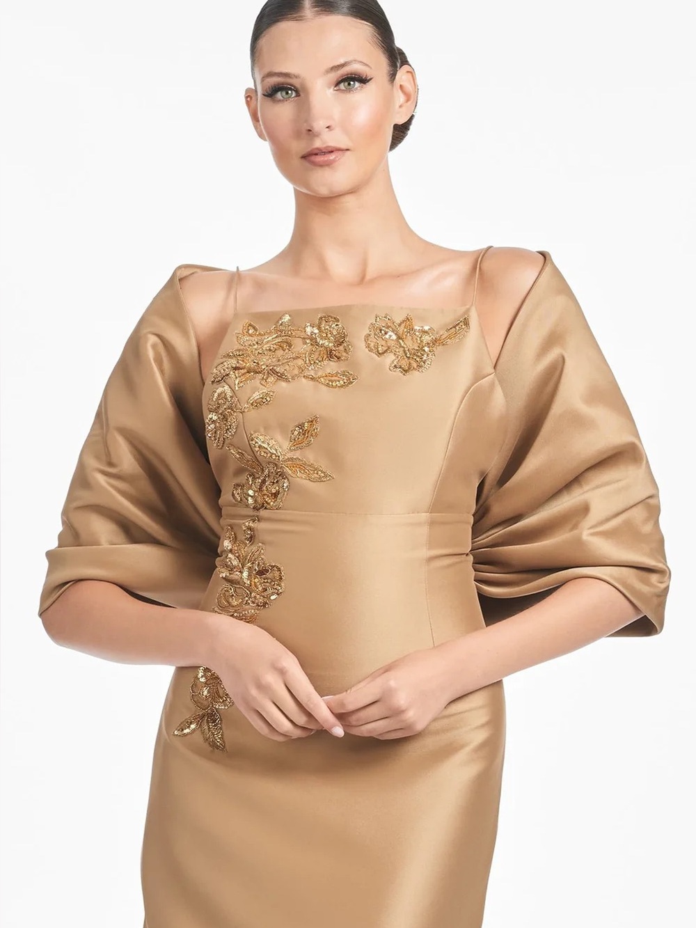 Sachin + Babi Gold Satin Embellished Slip Maxi Dress with matching Hug Shawl